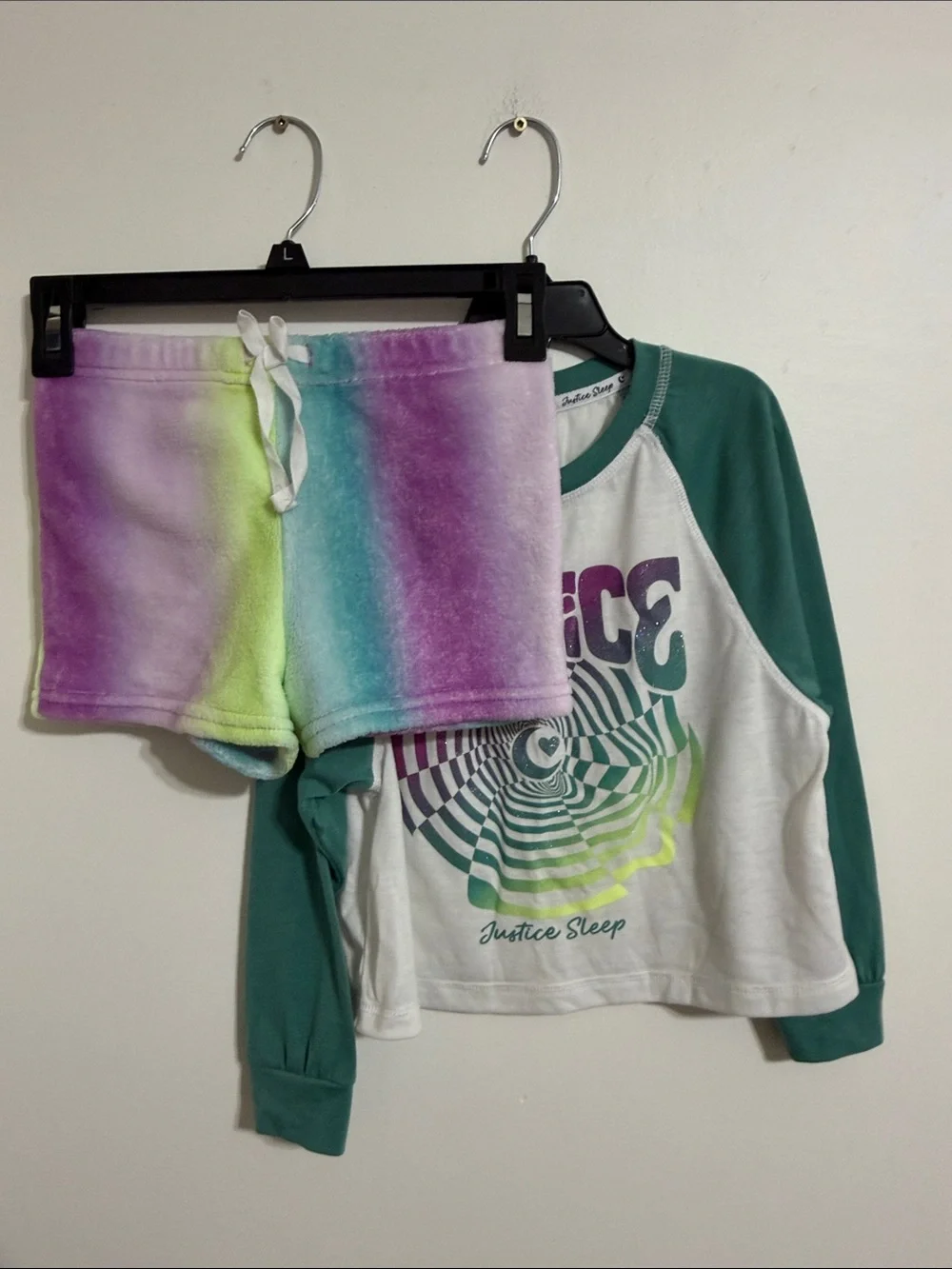 Justice White Top with Green Raglan Sleeves and Multicolor Psychedelic Graphic